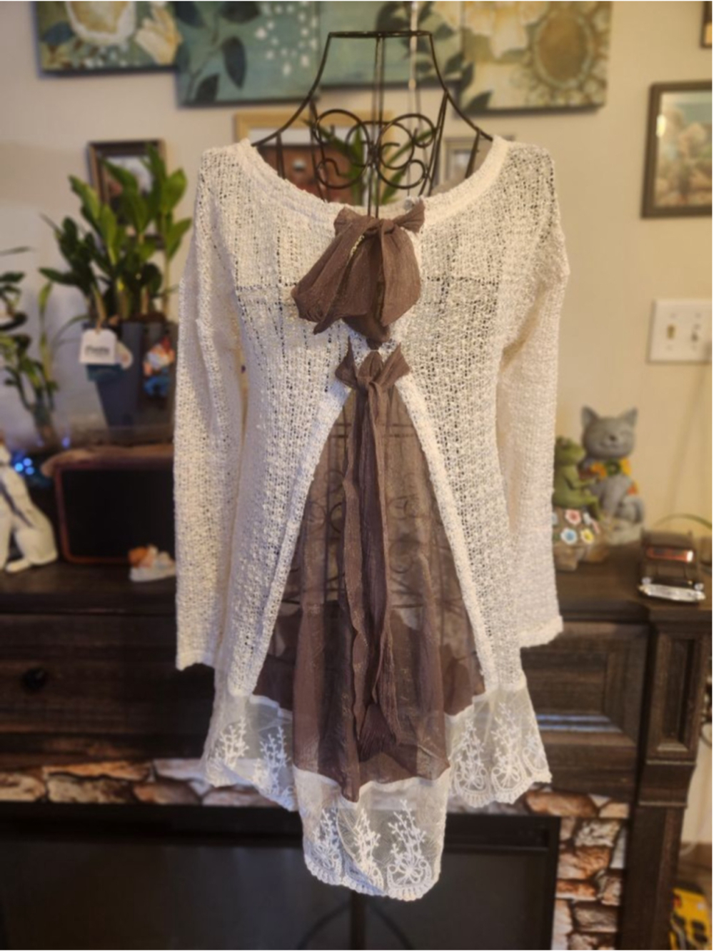 Anthropology A'reve Knit Top Lace Trim Bows Romantic Boho Cottagecore Soft